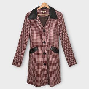 Free People Houndstooth Coat M Wool Blend Leather Trim Preppy Old Money Classic